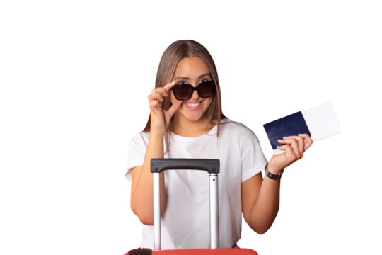 Young tourist girl in summer casual clothes, with sunglasses, red suitcase, passport isolated on red background.