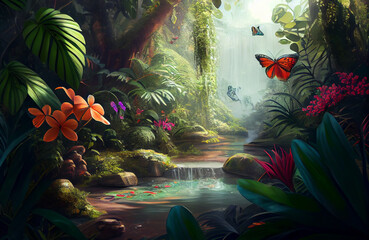 Plakat Beautiful nature scene of forest, butterflies in a natural jungle environment landscape, colorful yet calm art with waterfall and wilderness - AI Generated