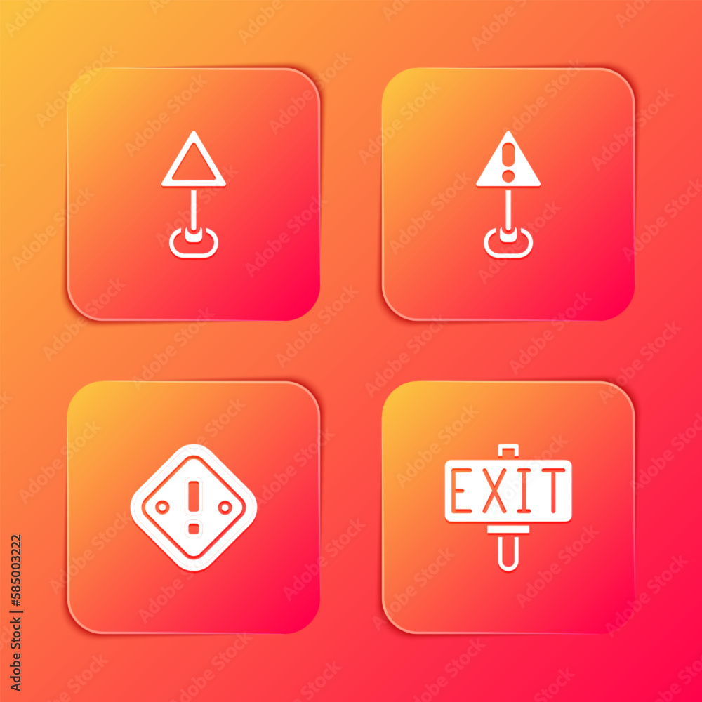 Poster set triangle warning blank, exclamation mark triangle, and fire exit icon. vector