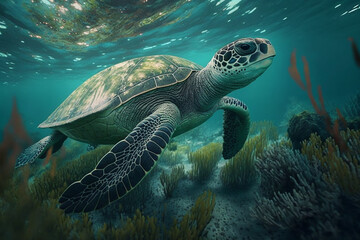 Fototapeta premium Sea turtle swims under water tro with generative AI technology