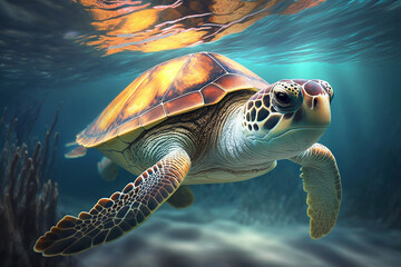 Naklejka na ściany i meble Sea turtle swims under water tro with generative AI technology