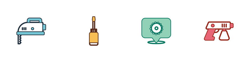 Set Electric jigsaw, Screwdriver, Circular blade and Paint spray gun icon. Vector