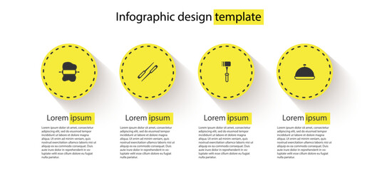 Set Rolling pin on dough, Food chopsticks, Kitchen hammer and Covered with tray of food. Business infographic template. Vector