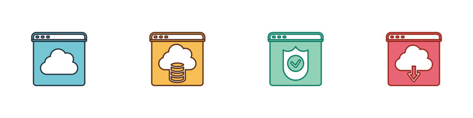 Set Cloud technology data transfer, Browser with shield and download icon. Vector