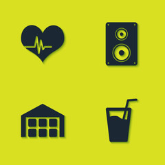 Set Heart rate, Glass with water, Warehouse and Stereo speaker icon. Vector