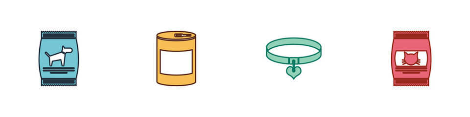 Set Bag of food for dog, Canned, Collar and heart and cat icon. Vector