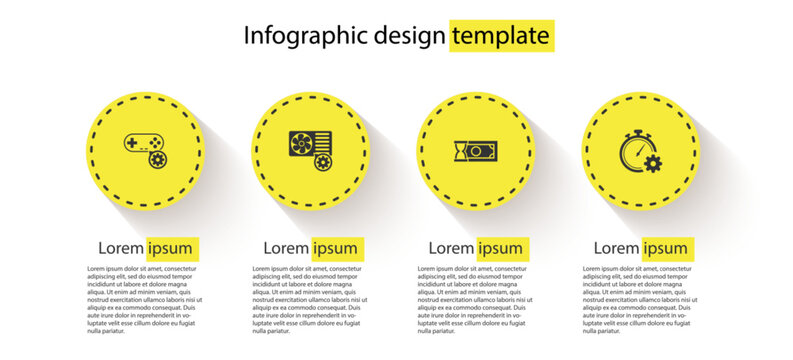 Set Gamepad setting, Air conditioner, Fast payments and Time management. Business infographic template. Vector