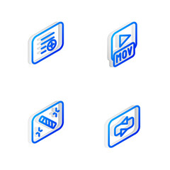 Set Isometric line MOV file, Add to playlist, Photo retouching and Repeat button icon. Vector