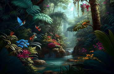 Beautiful nature scene of forest, butterflies in a natural jungle environment landscape, colorful yet calm art with waterfall and wilderness - AI Generated
