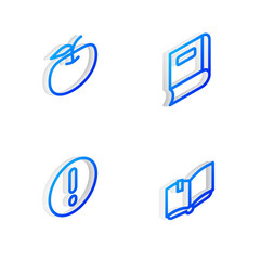 Set Isometric line Book, Apple, Speech bubble and Exclamation and Open book icon. Vector