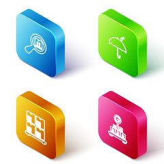 Set Isometric line Search package, Umbrella and rain drops, Cardboard boxes on pallet and Scale with cardboard icon. Vector