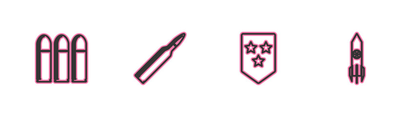 Set line Bullet, Chevron, and Nuclear rocket icon. Vector