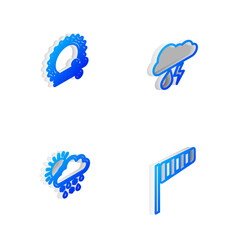 Set Isometric line Cloud with rain and lightning, Wind sun, snow, rain, and Cone windsock wind vane icon. Vector