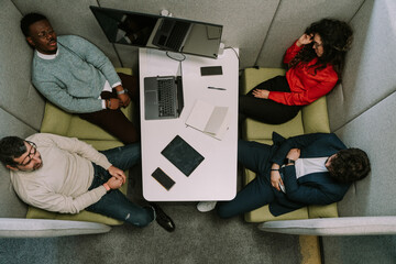 Tired multiracial people felt asleep at the end of the shift