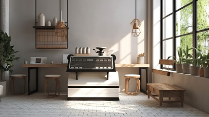 Modern design cafe, white square tile counter with espresso machine, cash register, rattan chair, coffee table in sunlight from outdoor garden on beige brown stucco wall, cement floor. Background 3D