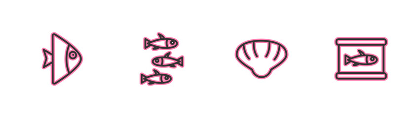 Set line Fish, Scallop sea shell, Fishes and Canned fish icon. Vector