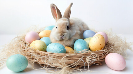 cute white easter bunny sitting in a basket with colored easter eggs