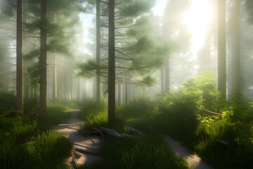 photo hyper realistic style, high detail photo of pine forest with a path, beautiful, bright lighting, soft natural, perfect light, octane rendering, sharp focus, studio photo, intricate details, high