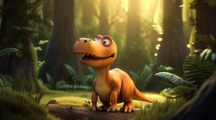 Tyrannosaurus. Dinosaur cartoon character in the forest. Funny animal 3d illustration generative ai