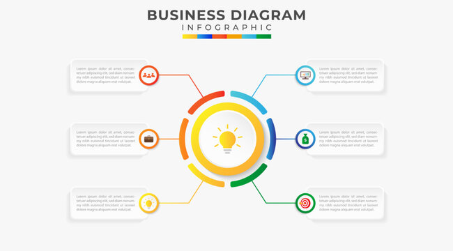 6 Steps Modern Mind Map diagram with several topics and icon symbol, presentation vector infographic. Infographic template for business.
