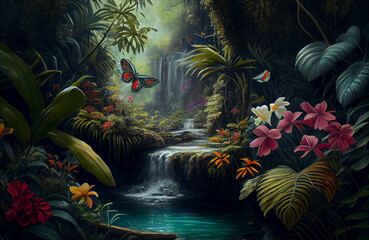 Beautiful nature scene of forest, butterflies in a natural jungle environment landscape, colorful yet calm art with waterfall and wilderness - AI Generated