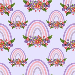 Beautiful rainbow seamless pattern with spring flowers bouquet isolated on pastel purple background.wedding decoration,birthday,wallpaper,baby shower decoration, etc.