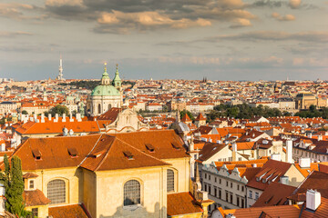 Areal view over the Nicholas church in the historic city of Prague, Czech Republic