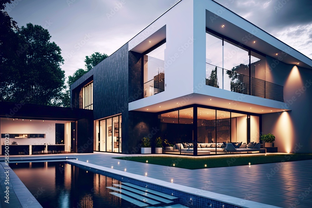 Poster Expensive luxury modern house with large windows and lovely pool, created with generative ai