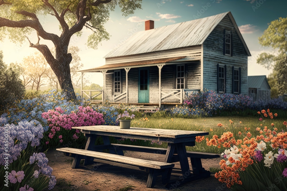 Canvas Prints farmhouse with blooming garden and weathered picnic table, created with generative ai