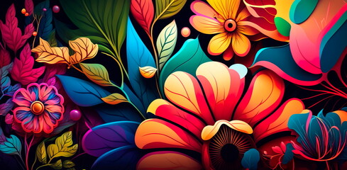 A colorful floral patterned background with a psychedelic twist. Generative AI