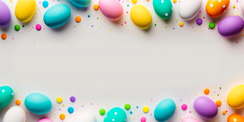 Easter Egg bottom border over a soft white banner background. Top down view with copy space.Generative AI