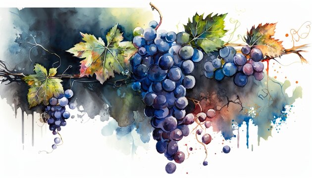 vine with blue grapes and green leafs, abstract art, watercolor illustration. Generative AI