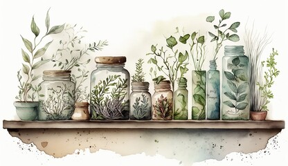 green glass bottles and jars with herbs in different shapes and sizes, natural and alternative medicine, watercolor illustration. Generative AI