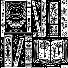 Magic Black and white library with books, moths, keys and plants. Hand drawn seamless pattern in linocut style. Background for fabric, wallpapers, covers and textiles