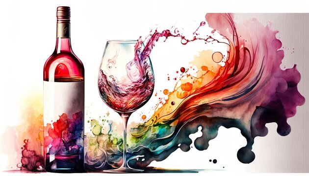 A red wine bottle and a glass of red wine with motion, rainbow colors, abstract watercolor illustration. Generative AI