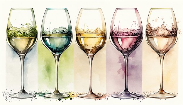 various wine glasses in a row, background banner for shops and marketing, wine bar, wine shop, wine tasting concept, watercolor illustration. Generative AI