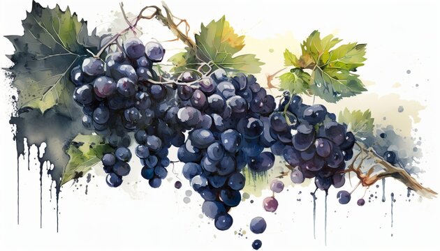 Vine With Blue Grapes And Green Leafs, Abstract Art, Watercolor Illustration. Generative AI