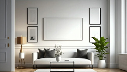 Fototapeta na wymiar Mockup poster blank white frame on the wall of living room. Generative Ai.