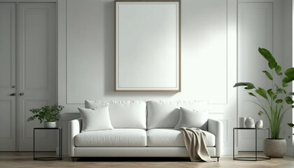 Fototapeta na wymiar Mockup poster blank white frame on the wall of living room. Generative Ai.