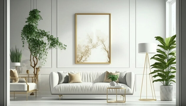 Modern interior design mockup poster blank white frame. Generative Ai.