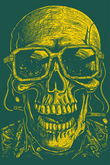 High detail skeleton skull with sunglasses. Woodcut engraving style hand drawn vector illustration on dark background. Optimized vector. 