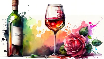 A red wine bottle and a glass of red wine with a rose, abstract watercolor illustration. Generative AI
