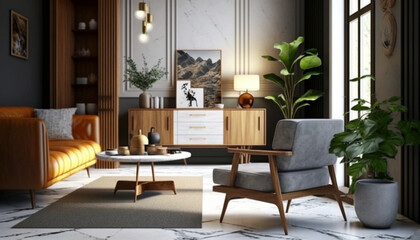 Modern interior of living room with wooden sideboard. Generative Ai.