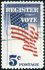 USA - 1964: shows an American Flag, Register and Vote Issue Capitol Unisphere Giori Press Printing, Campaign to draw more voters to the polls, 1964 - 585009820