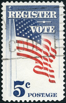 USA - 1964: shows an American Flag, Register and Vote Issue Capitol Unisphere Giori Press Printing, Campaign to draw more voters to the polls, 1964