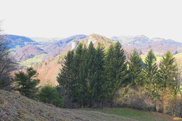 landscape in the swiss jura in the canton of basel land, on one of the most beautiful hikes in the...