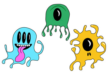Psychedelic Monsters. Modern sticker with slime. Funny alien faces with eyes and Flowing Texture. Crazy vector illustration in 90s style.