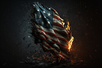 Fototapeta na wymiar American or the united states flag on fire concept. Usa flag on flames war disaster. Patriotic american or patriotism being attacked destruction or collapse concept. Ai generated