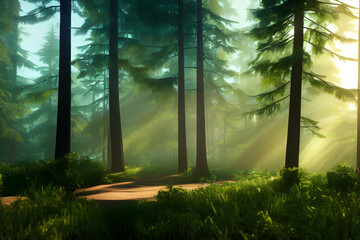photo hyper realistic style, high detail photo of pine forest with a path, beautiful, bright lighting, soft natural, perfect light, octane rendering, sharp focus, studio photo, intricate details, high