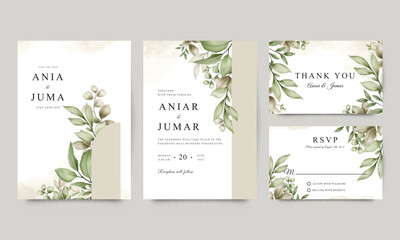 Green leaf wedding invitation template set